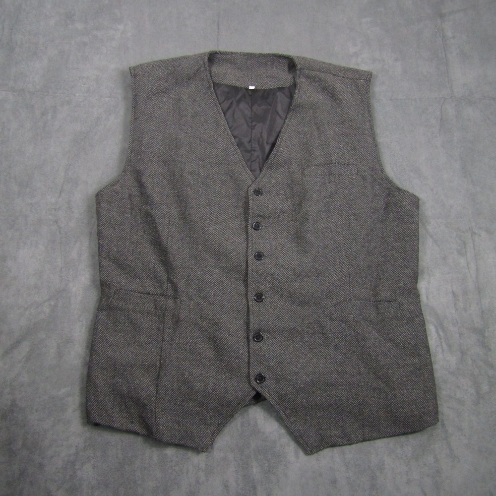 Herringbone Waistcoat Vest Mens XL Gray Tweed Cinch Back Formal Wedding